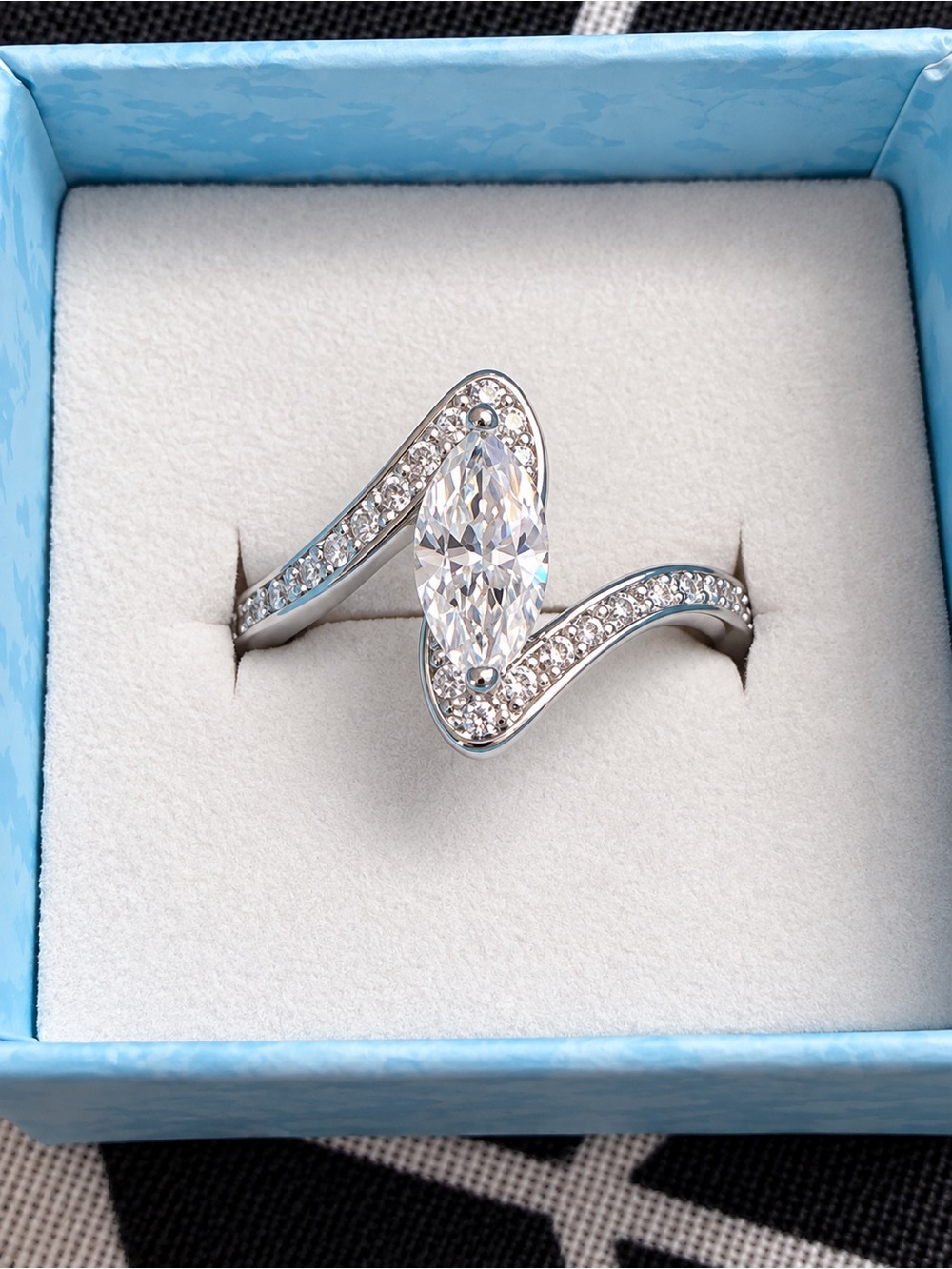 1 CT Marquise Moissanite Bypass Ring — Silver Plated — Size 7